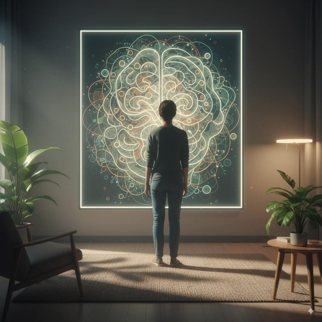 An image of someone looking inward, or a path emerging from fog, Perhaps a person in silhouette, gazing at a complex but beautiful pattern